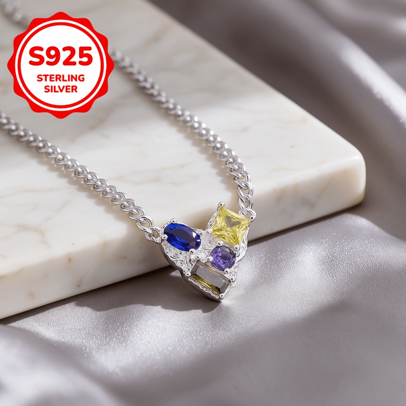 Women's 925 Sterling Silver Colored Heart Collarbone Necklace